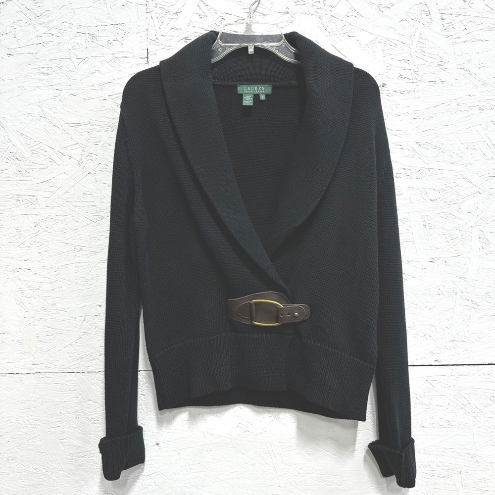 Lauren Ralph Lauren M Cardigan Black Shawl Collar Leather Buckle Equestrian